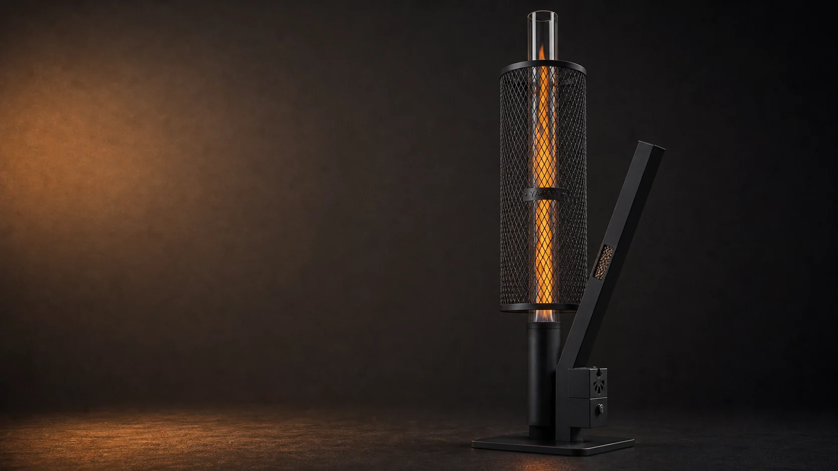 Render conceptual de estufa premium a pellet Yagan encendida en estudio oscuro