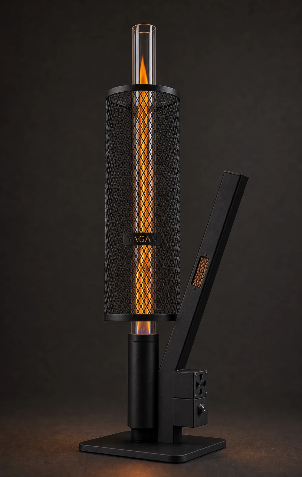 Render conceptual vertical de estufa premium a pellet Yagan encendida